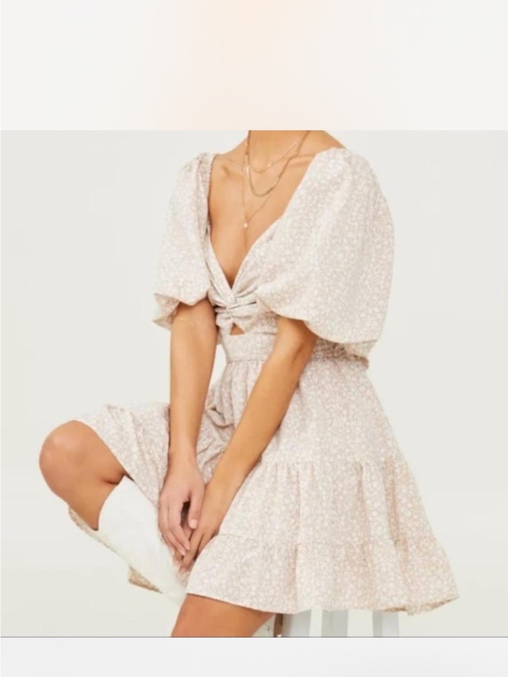 BNWT Altard State Danielyn Cream Floral Tie-Front Puff Mini Dress Sz L